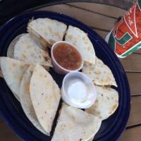 Chicken and Cheese Quesadilla · Char grilled chicken, cheddar cheese. Served with salsa and sour cream.
