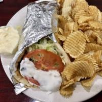 Chicken Gyro Sandwich · Greek seasoned grilled chicken, lettuce, tomato, onion, and tzatziki sauce served in a pita.