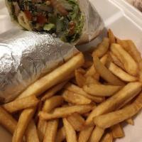 Veggie Wrap · With provolone cheese, lettuce, tomato and onion. Served with french fries and coleslaw.