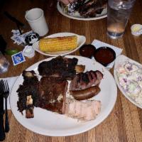 5 Meat Smokehouse Platter · Brisket, Sausage, Chicken, Turkey, Pork Ribs, and Two Sides