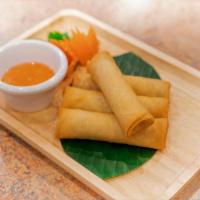 4 Crispy Spring Rolls · Crispy spring rolls stuffed with seasoned vegetables and glass noodles; served with sweet an...