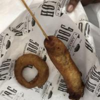 Corn Dog · A hand battered and deep fried 100% certified angus beef hot dog.