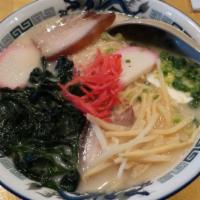Tonkotsu Ramen Noodle Soup · Pork based broth with bamboo shoots, seaweed, green onion, homemade, roasted pork and boiled...