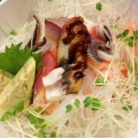 Chirashi Don · Assorted fish. Chefs choice of assorted sashimi slices over sushi rice.