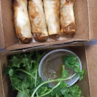 Spring Rolls · 4 pieces. Pork, noodles, carrots and wood ear mushrooms.