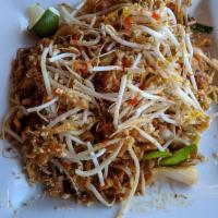 Pad Thai · Sauteed rice noodles, eggs, bean sprouts, scallions and topped with ground peanuts.
