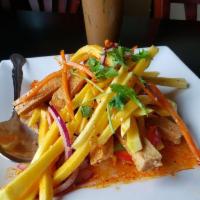 Mango Salad · Thinly sliced mango, red and green bell pepper, red onion, shredded carrot and deep fried to...