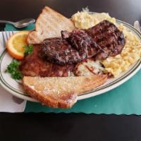 Steak and Eggs · Juicy 5 oz. Tenderloin char broiled to your liking served with 2 eggs, hash browns and toast.
