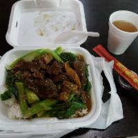 Beef Stew and Chinese Broccoli on Rice · 
