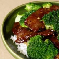 Beef with Broccoli · Served with white rice.