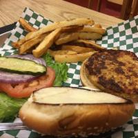 The Garden Burger · Grilled and served with lettuce, tomatoes, red onions, pickles and mayo.
