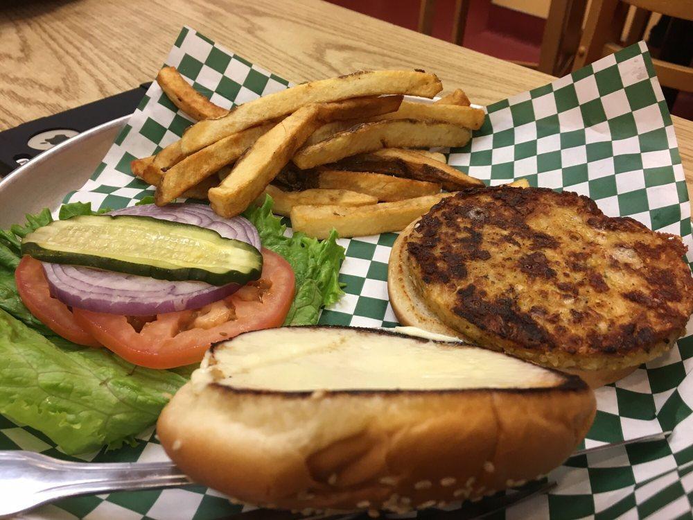 The Garden Burger · Grilled and served with lettuce, tomatoes, red onions, pickles and mayo.
