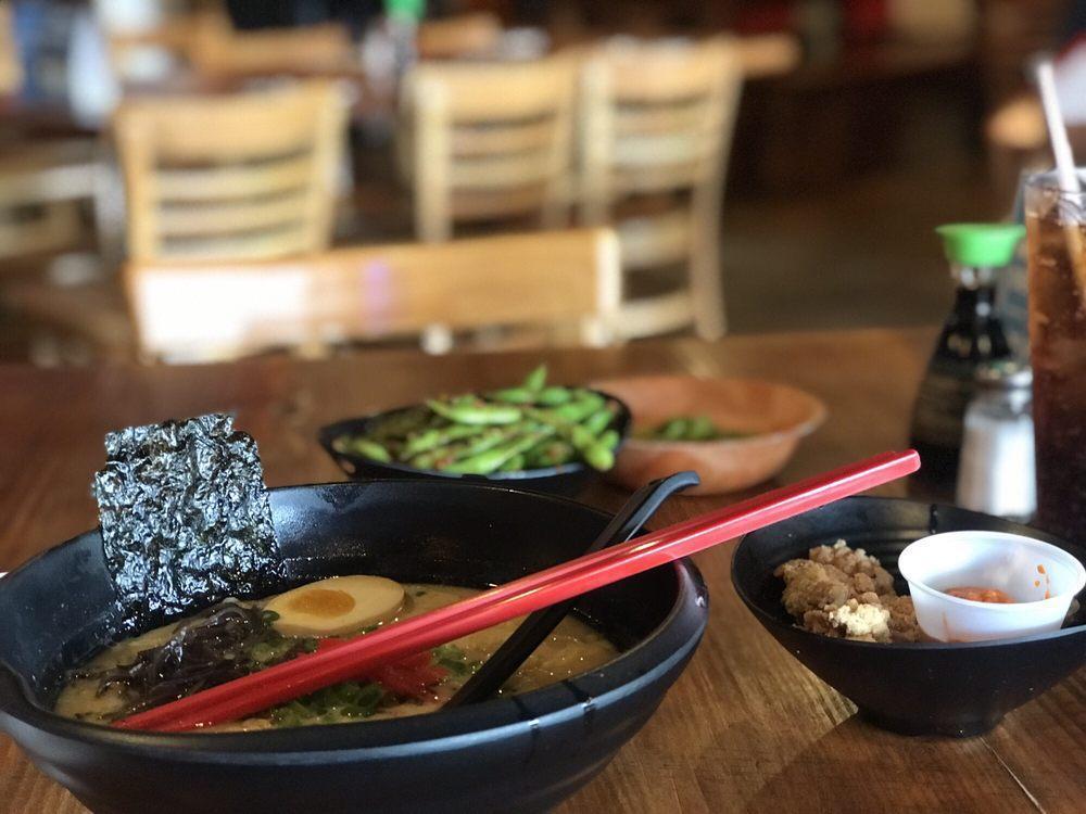 Chicken Rich Ramen · Rich and creamy chicken broth, served with chewy and curly noodle, topped with marinated egg, scallions, black mushroom, red ginger and seasoned dry seaweed. Served with deep fried chicken karaage on the side.