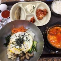 Bibimbap · Cold. Vegetables, egg, and choice of meat. Served with white steam rice, side dish, and kimc...