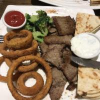 Gyro Platter · Lamb and beef mix served with potato and vegetables with soup or Greek salad.