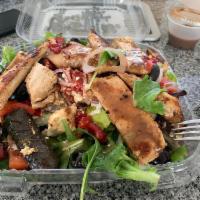 Greek Salad with Grilled Chicken · Lettuce, tomato, cucumber, onion, roasted peppers, grape leaves, feta cheese and black olives.