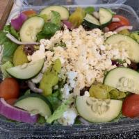 Greek Salad. · GREENS TOPPED W/ TOMATOES
PEPPERONCINIS, KALAMATA OLIVES, RED
ONIONS, FETA & CUCUMBERS, HERB...