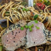 Sesame Seared Rare Ahi Tuna · Chilled udon noodles, napa cabbage, roasted red pepper, shitake mushrooms, sesame-soy vinaig...