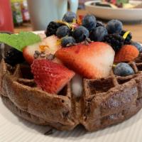 Cacao Waffles · Coconut yogurt, organic fresh berries, banana, chia, cinnamon and coconut sugar. Gluten-free.