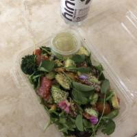 Raw Organic Kale Salad · Cucumbers, avocado, red onion, arugula, watercress, heirloom tomatoes, grapefruit, hemp and ...
