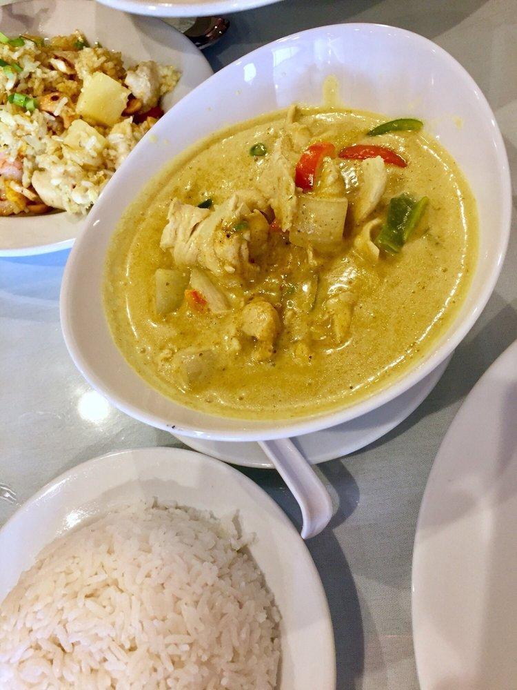 Yellow Curry · *Gluten Free* Choice of meat cooked in sweet yellow curry paste and coconut milk, stewed with potato chunks, onions, and bell peppers.