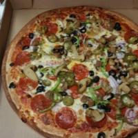 Supreme Pizza · Pepperoni, sausage, Canadian bacon, bell peppers, red onions, olives, and mushrooms.