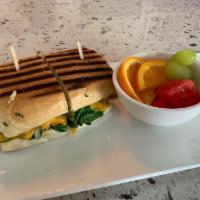 Chicken Pesto Sandwich · Grilled chicken, red onion, spinach, tomato, cheddar cheese and pesto mayo, served on a fren...