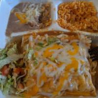 Chimichanga · Fried flour tortilla stuffed with your choice of ground beef, chicken or shredded beef. Serv...