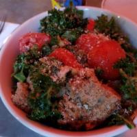 Black Kale Panzanella Salad · Whole wheat grilled country bread , black kale ,tomatoes, capers e.v.o.o , red wine vinegar ...