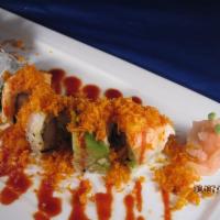 Vernon Hills Roll · Crab meat, tempura flakes, cucumber and spicy mayo topped with shrimp, avocado, spicy sauce ...