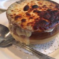French Onion Soup · Soup that is made with stock, onions, and covered with either cheese, bread, or croutons.