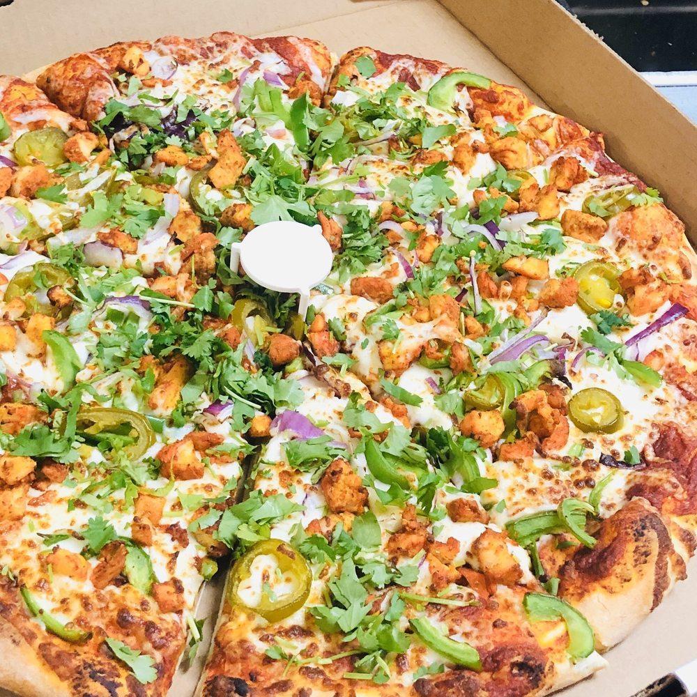 Chicken Tikka Masala Pizza · Chicken tikka sauce, cheese, chicken, red onions, jalapenos, green bell peppers and fresh cilantro. Spicy.