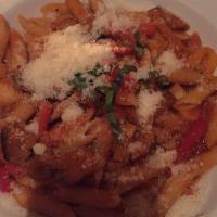 Penne Siciliana Arrabbiata Dinner · Penne pasta with fresh chopped tomatoes, basil, eggplant, red and yellow bell peppers and ga...