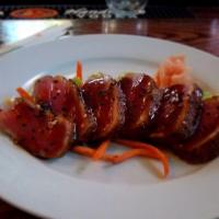 Cajun Seared Ahi Tuna · Six pieces big eye ahi, sweet soy glaze, wasabi cream.