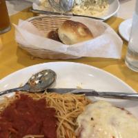Chicken Parmigiana Over Spaghettini Lunch Special · 