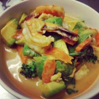 Avocado Curry · Red curry paste with coconut milk, avocado, carrots, broccoli, and basil.