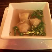 Homemade Wonton Soup · Three pieces of pork and shrimp dumplings.