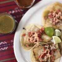 4 Grilled Fish Tacos · Swai grilled fish, salsa verde, pico and chipotle mayo