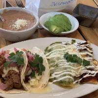 Beef Enchiladas · 3 hand-folded enchiladas with picadillo beef, Oaxaca/Jack cheese, chili con carne, arroz, be...