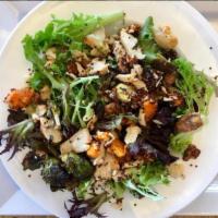Farmhouse Salad · 270 calories. Chopped kale, spring mix, roasted turkey, roasted butternut squash, roasted br...