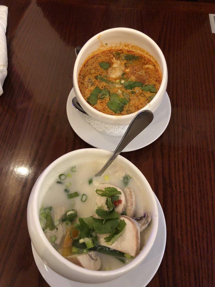 Tom Yum · Choice of protein. Hot and sour soup with mushroom, lemongrass, tomato, bell pepper and lime leaves.