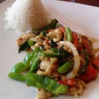 Thai Hot Basil · Fresh basil, onion, bell pepper, carrot and string bean in spicy chili basil sauce. Served w...