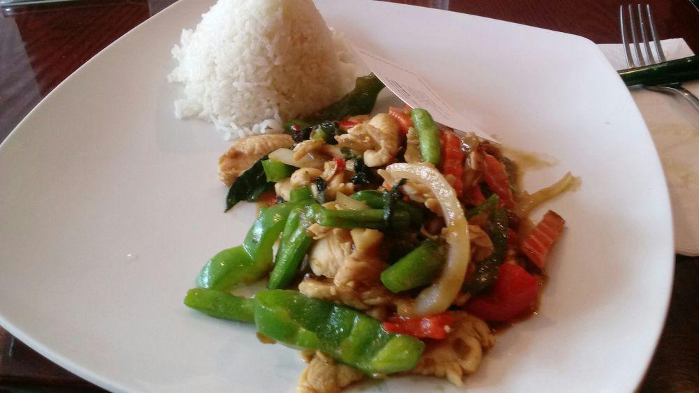 Thai Hot Basil · Fresh basil, onion, bell pepper, carrot and string bean in spicy chili basil sauce. Served with steamed jasmine rice. Spicy.