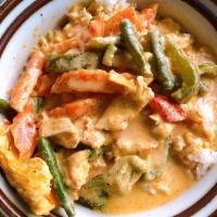 Panang Curry · Panang curry paste with string beans, carrot, bell pepper and kefir lime leaf in coconut mil...