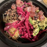 Tuna Poke Fire Warm Rice Bowl · Ahi tuna poke, avocado, pickled jalapenos, pickled red onion, pickled red cabbage, sesame sr...