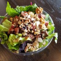 Steak, Bacon and Bleu Bowl · Grass-fed tri tip steak, chopped romaine and mesclun mix, bacon, cranberries, walnuts, tomat...
