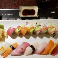 Rainbow Roll · California topped with variety of fish.
