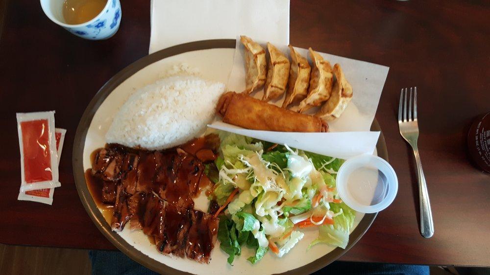 House Combo · Chicken Teriyaki with 3 pieces of Gyoza and 3 Shrimp Skewers. Served with rice and salad!