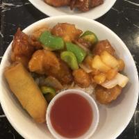 Sweet and Sour Chicken · Cantonese sweet and sour sauce, chicken, onions, green bell peppers and pineapple.