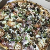 Supreme Pizza · Pepperoni, Italian sausage, Canadian bacon, beef, green peppers, mushrooms, onions, black an...